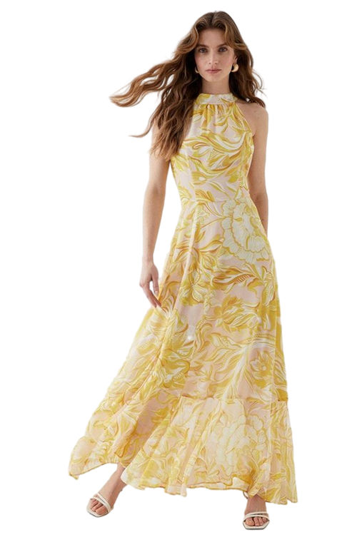 Jacques Vert Yellow Alexandra Farmer Halter Neck Full Skirt Maxi Dress BCC05067