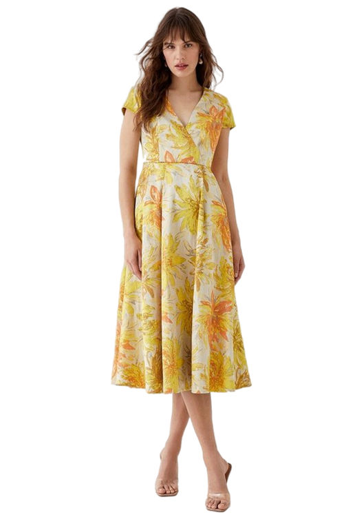 Jacques Vert Yellow Cross Front Midi Dress In Jacquard BCC05347