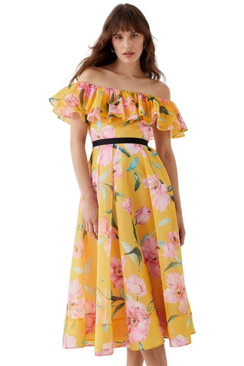 Jacques Vert Yellow Organza Bardot Frill Midi Dress BCC05373