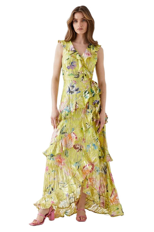 Jacques Vert Yellow Ruffle Wrap Metallic Maxi Dress BCC05250